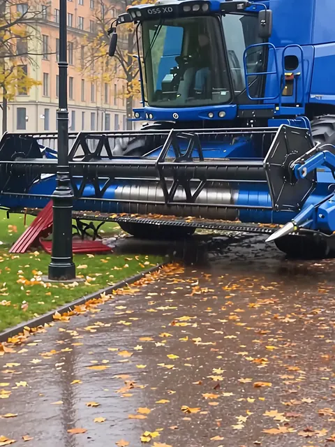 Sininen leikkuupuimuri ajaa Esplanadin puistokäytävällä syksyisten lehtien keskellä.