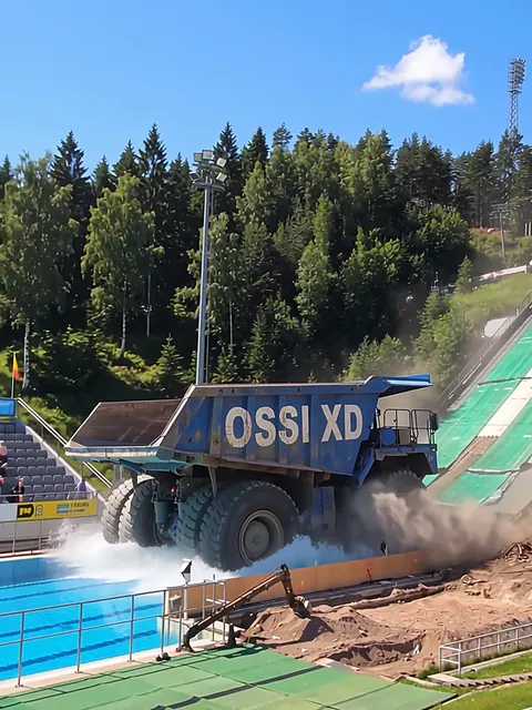 Sininen kaivosauto on liukunut hyppyrimäen juurelle ja rysähtänyt maauimalan altaaseen.