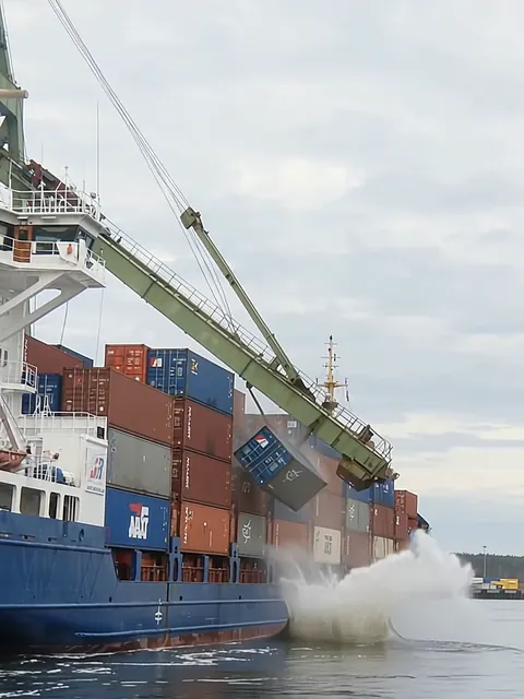 Konttialus on ajanut sataman nosturin puomiin, ja kontteja on kaatunut pinosta.