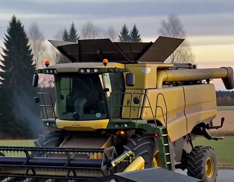 Keltainen puimuri pysäköitynä pienen nakkikioskin taakse maantien varteen iltahämärässä.