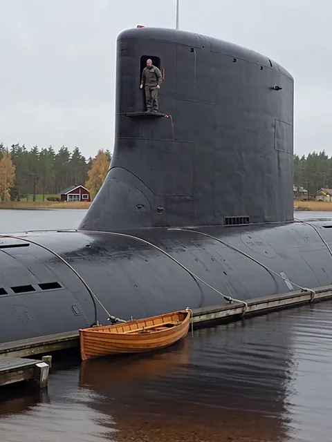 Musta sukellusvene kiinnitettynä mökkilaituriin, vieressä pieni puinen soutuvene. Tornin luukussa seisoo mies.
